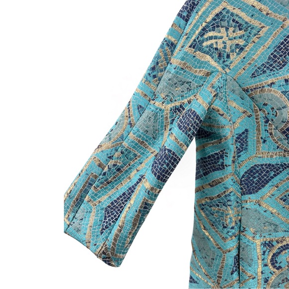 Chico's Turquoise Mosaic Jacquard jacket 1 8/10 metallic blue teal professional - Picture 8 of 9